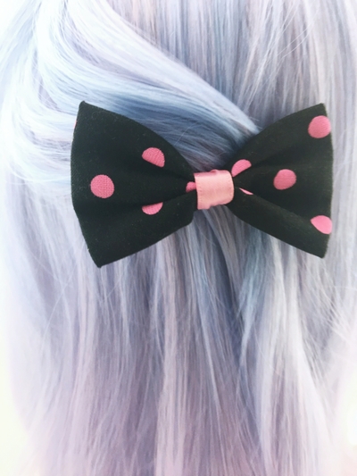 Black and Pink Polkadot Print Small Fabric Hair Bow - Dot Hair Clip