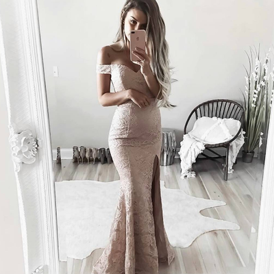Mermaid lace evening dress,sexy slit prom dress, off shoulder sleeves lace graduation dress