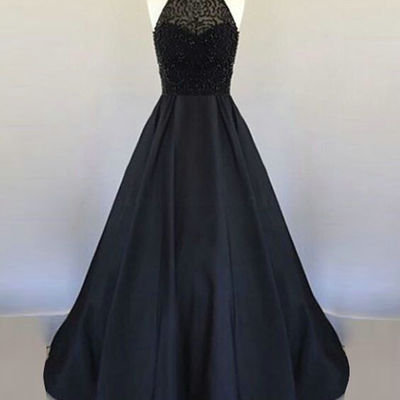 Black prom dress, a line beaded graduation dress - Thumbnail 4