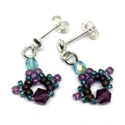 Purple and Aqua Crystal Sterling Silver Stud Earrings
