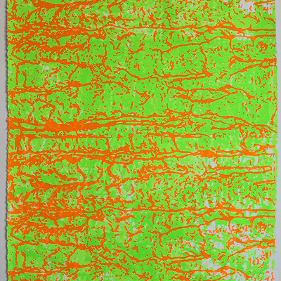 Fluorescent orange cub runs over green grands