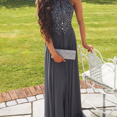Sexy a-line halter gray prom dress , backless prom dress , long prom dress with beading