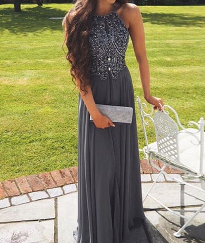 Sexy A-Line Halter Gray Prom Dress , Backless Prom Dress , Long Prom Dress with Beading