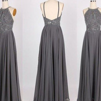 Sexy A-Line Halter Gray Prom Dress , Backless Prom Dress , Long Prom Dress with Beading - Thumbnail 1