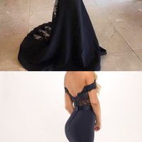 Off Shoulder Sweep Train Mermaid Black Stretch Satin Prom Dress with Appliques Lace - Thumbnail 1