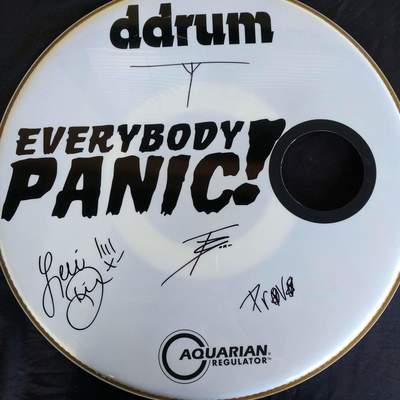 Everybody panic! signed kick drum head