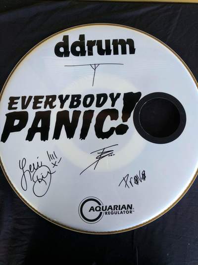 Everybody panic! signed kick drum head