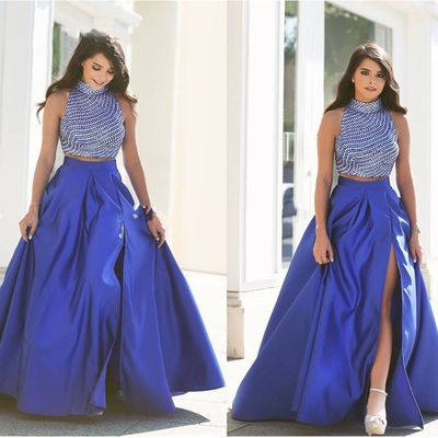 High slit royal blue prom dress beaded stones crop top high neck prom dress a line two pieces long prom dresses - Thumbnail 3