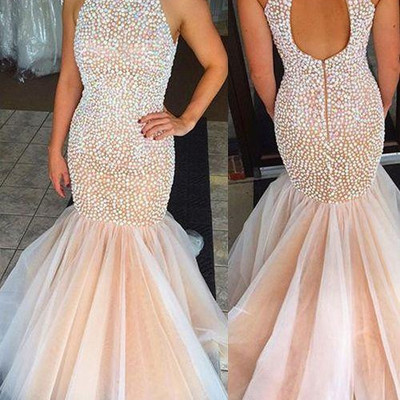 Sexy luxury prom dress mermaid evening dresses pink beaded crystal sequins vestido de festa floor length party evening gown  - Thumbnail 5