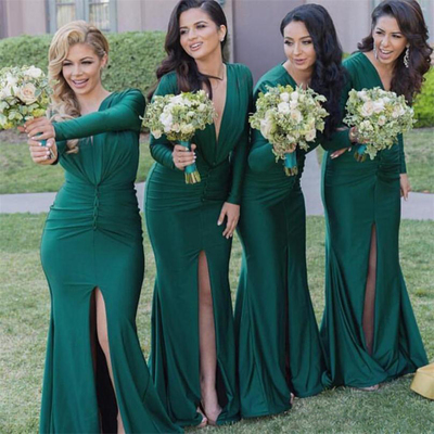Hunter green bridesmaid dress elegant deep v neck mermaid long bridesmaid dresses long sleeves maid of honor gowns split - Thumbnail 3