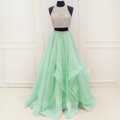 Two piece tulle prom dresses halter neck crystals women dresses - Thumbnail 4
