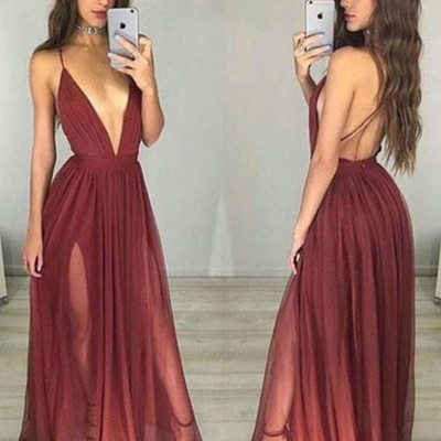 Open back v-neck floor length women prom dresses 