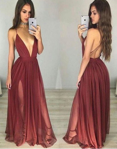 Open Back V-neck Floor Length Women Prom Dresses 