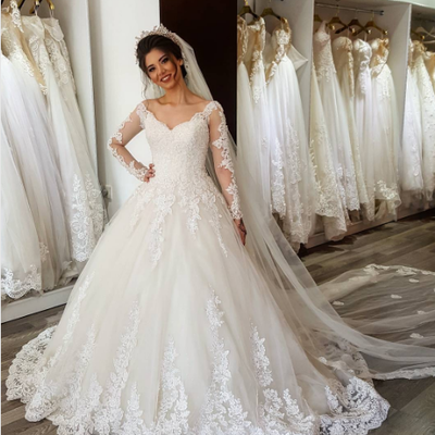 A line long sleeves lace v-neckline wedding dress  - Thumbnail 4