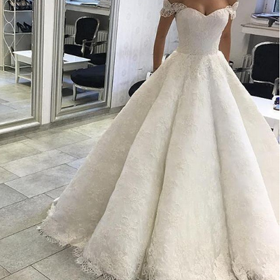 Ball gown off shoulder sleeves ivory lace wedding dress 