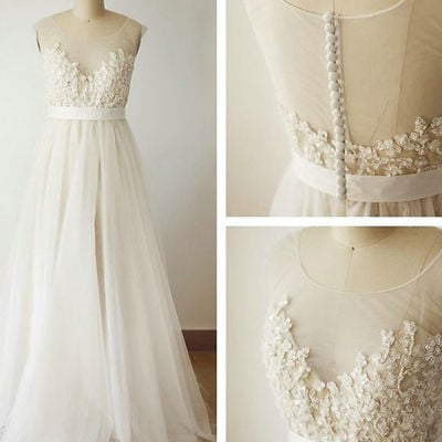 A line high quality french lace illusion beach wedding dress 