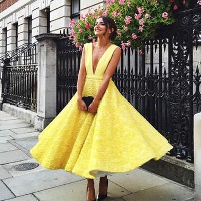 Yellow prom dresses,tea length prom dresses,lace prom dress, lace homecoming dress,bd170401 - Thumbnail 5