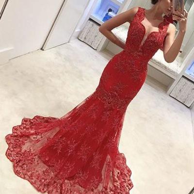 2017 prom dresses,red prom dresses,v neck prom dresses,lace prom dresses,mermaid prom dresses,long prom dress, red evening dress,bd170404 - Thumbnail 4
