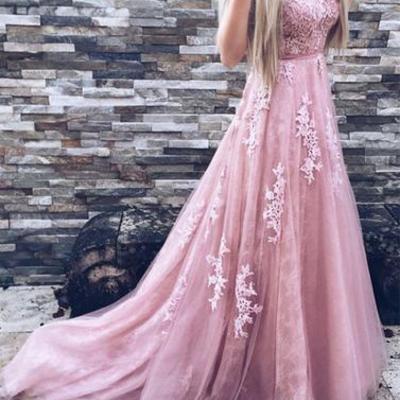 2017 prom dresses,pink prom dresses,round neck prom dresses,lace tulle prom dresses,long prom dress, evening dress,bd170406