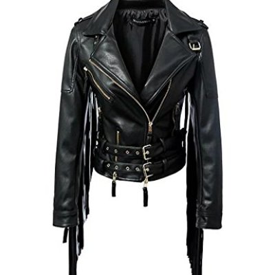 New women handmade leather fringe fashion biker belted jacket - Thumbnail 5