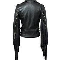 New Women Handmade Leather Fringe Fashion Biker Belted Jacket - Thumbnail 1