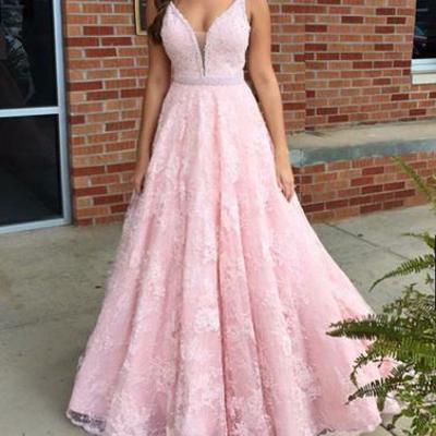 2017 prom dresses,pink prom dresses,v neck prom dresses,lace long prom dress, pink lace formal dress,bd170427 - Thumbnail 5