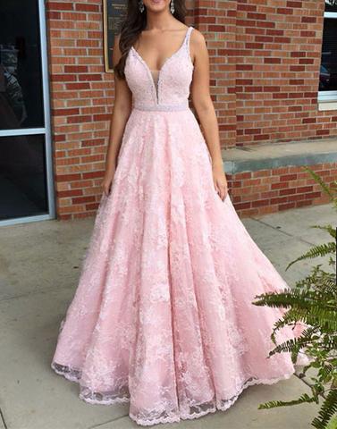2017 prom dresses,Pink prom dresses,v neck prom dresses,lace long prom dress, pink lace formal dress,BD170427