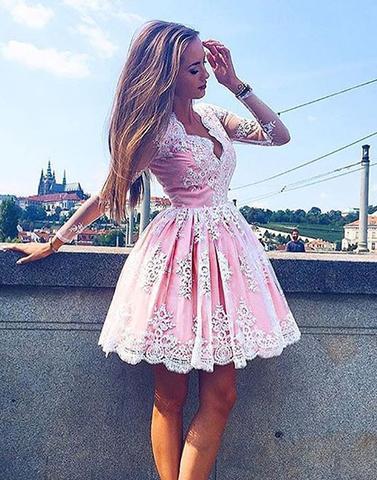 2017 prom dresses,Cute prom dresses,pink prom dresses,lace prom dresses,short prom dress,pink homecoming dress,BD170429