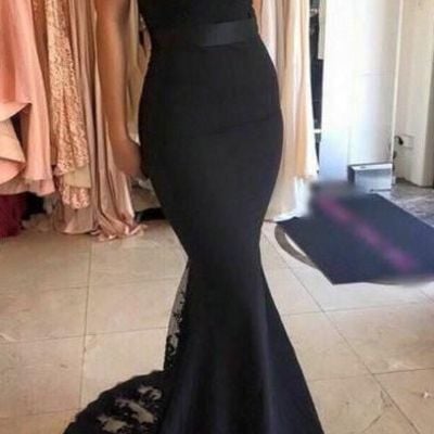 Off shoulder sweep train mermaid black stretch satin prom dress with appliques lace