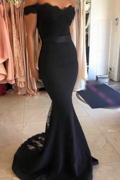 Off Shoulder Sweep Train Mermaid Black Stretch Satin Prom Dress with Appliques Lace