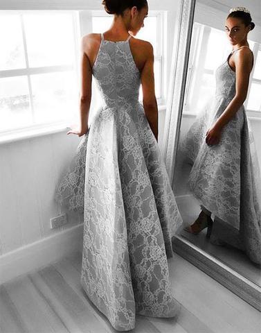 2017 prom dresses,gray prom dresses,lace prom dresses,high low prom dress, gray lace evening dress,BD170431