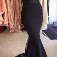 Off Shoulder Sweep Train Mermaid Black Stretch Satin Prom Dress with Appliques Lace - Thumbnail 2