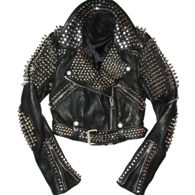 Handmade black leather rock punk style studded spiked biker motorcycle jacket for men - Thumbnail 2