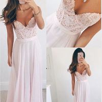 Elegant prom dress,A-line V-neck Long bridesmaid dress,Chiffon Pink Long Prom Dress - Thumbnail 2