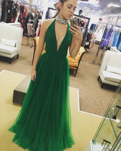 Hot Sexy Deep V-Neck Green Tulle Long Prom/Evening Dress