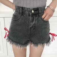 Side Lace-up Tassel Denim Shorts - Thumbnail 1