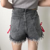 Side Lace-up Tassel Denim Shorts - Thumbnail 2