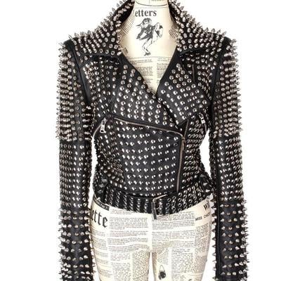 Handmade women's studded black fashion leather jacket  - Thumbnail 5