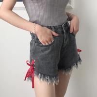 Side Lace-up Tassel Denim Shorts - Thumbnail 3