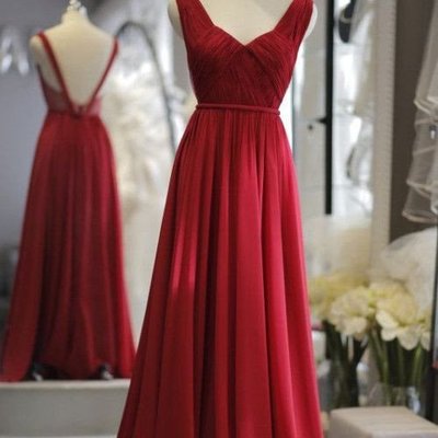 V-neck long chiffon prom dresses pleat floor length women dresses