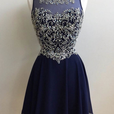 Scoop neck short chiffon prom dresses crystals beaded women party dresses