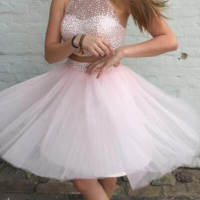 Halter neck short tulle prom dresses beaded women dresses