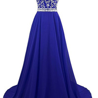 Scoop Neck Navy Blue Chiffon Prom Dresses Crystals Women Dresses - Thumbnail 2