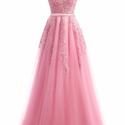 V-neck long tulle prom dresses lace appliques floor length women dresses