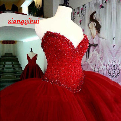 Luxury heavy beading red quinceanera dresses long puffy ball gown crystal sweetheart tulle vestidos de 15 prom dress for girls - Thumbnail 5