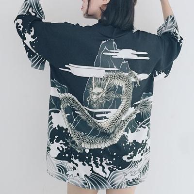 Harajuku dragon waves printed kimono