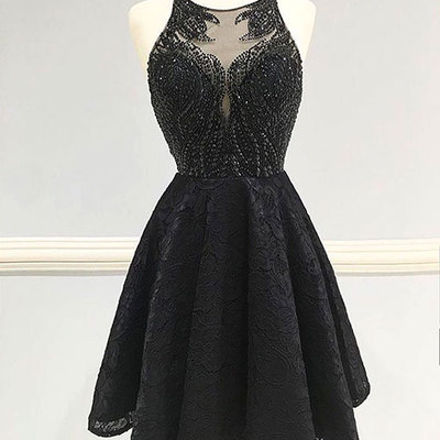 Scoop neck black short lace prom dresses beaded women dresses