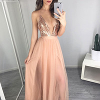 V-neck Long Tulle Prom Dresses Sequin Lace Women Dresses - Thumbnail 1