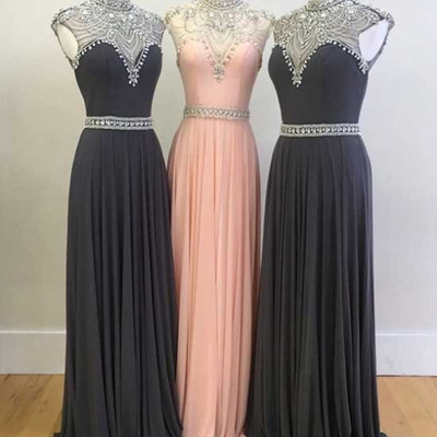 High neck long chiffon prom dresses crystals women dresses - Thumbnail 5