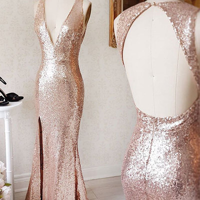 Open back sequin lace prom dresses v-neck floor length women dresses - Thumbnail 5